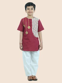 Junitos - Boys Maroon Cotton Embellished with Lace Work Kurta and Pyjama (Set of 2)