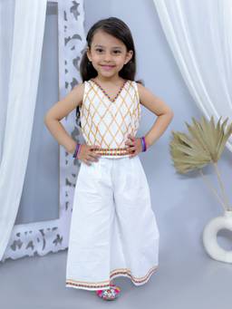 Junitos - Girls White Pure Cotton Sleeveless Embellished Top with Palazzo (Set of 2)