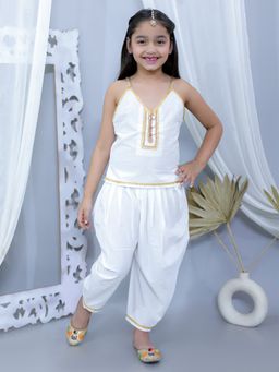 Junitos - Girls White Pure Cotton Gota Top with Dhoti (Set of 2)