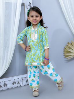 Junitos - Girls Blue Cotton Printed Kurti with Patiala (Set of 2)
