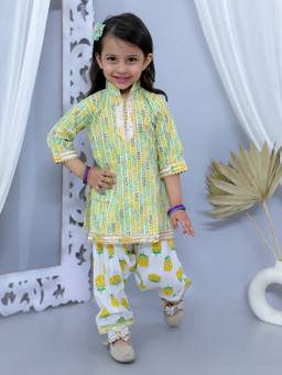 Junitos - Girls Yellow Cotton Printed Kurti with Patiala (Set of 2)