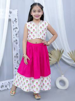 Junitos - Girls Pink and White Pure Cotton Printed Lehenga Choli (Set of 2)
