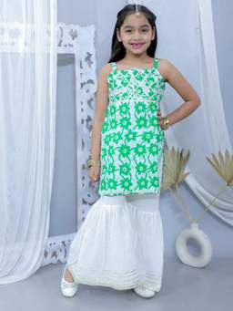 Junitos - Girls Green Cotton Printed Kurti with White Sharara (Set of 2)