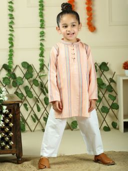 Junitos - Boys Orange Cotton Woven Stripe Kurta with Pyjama (Set of 2)