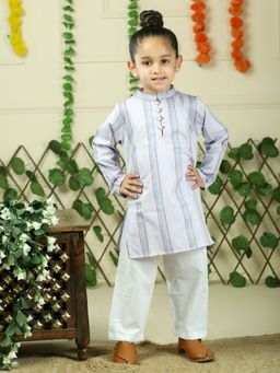 Junitos - Boys Grey Cotton Woven Stripe Kurta with Pyjama (Set of 2)
