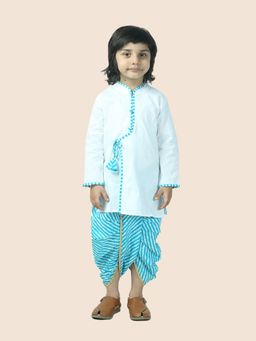 Junitos - Boys Blue Cotton Solid Kurta and Leheriya Print Dhoti (Set of 2)