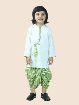 Junitos - Boys Green Cotton Solid Kurta and Leheriya Print Dhoti (Set of 2)