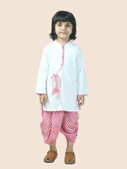 Junitos - Boys Pink Cotton Solid Kurta and Leheriya Print Dhoti (Set of 2)
