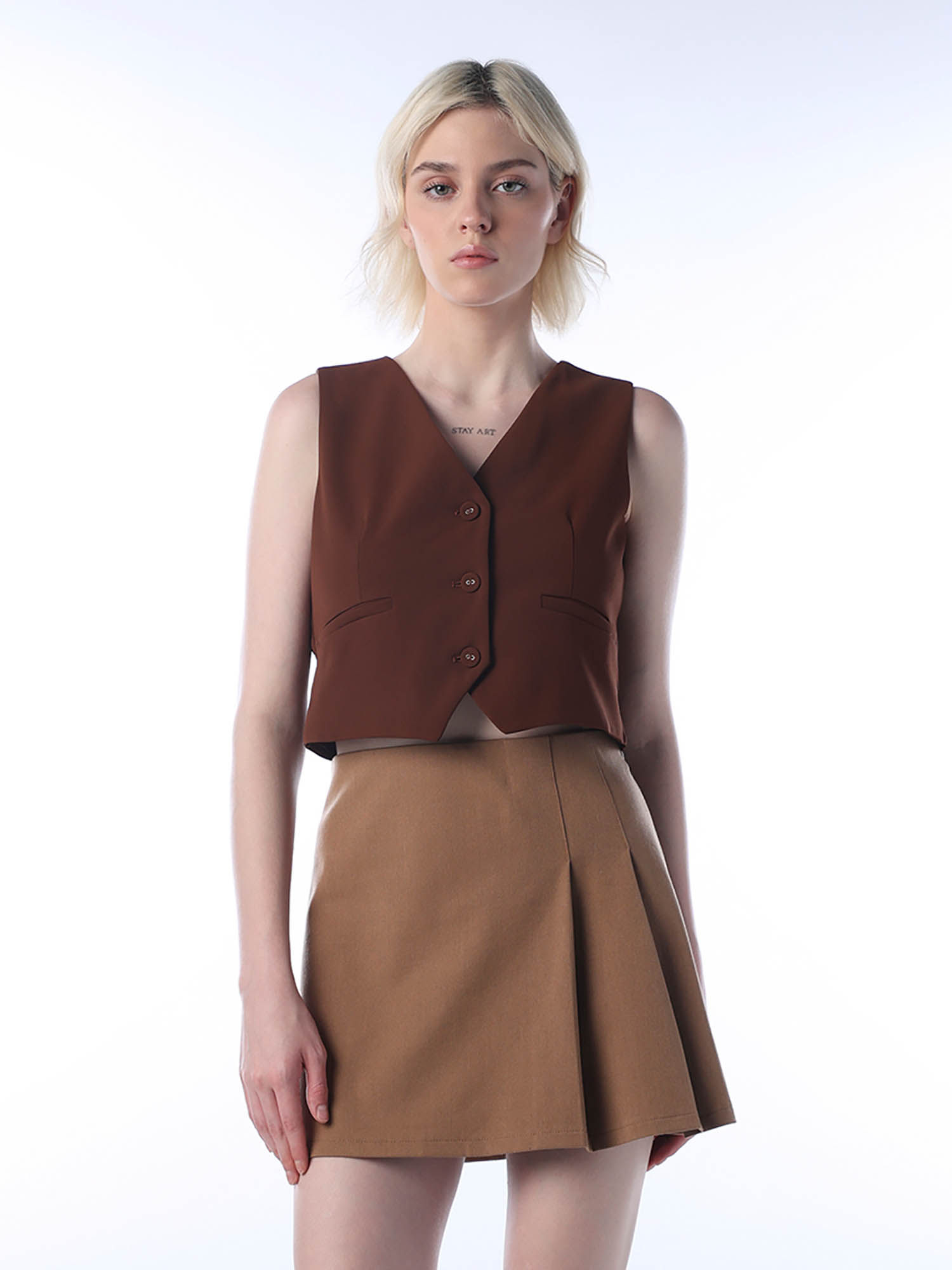 only Women's Solid Regular Fit Brown Waistcoat-picture-12