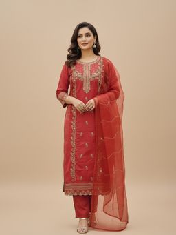 SAKSHI- The Wedding Store - Women's Rust Embroidered Kurta With Pant & Dupatta