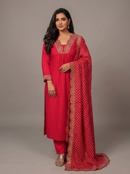 SAKSHI- The Wedding Store - Women's Red Embroidered Kurta With Pant & Dupatta