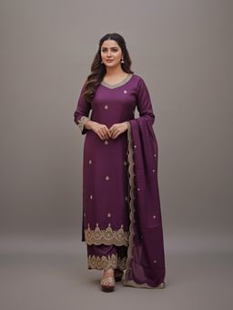 SAKSHI- The Wedding Store - Women's Purple Embroidered Kurta With Palazzo And Dupatta