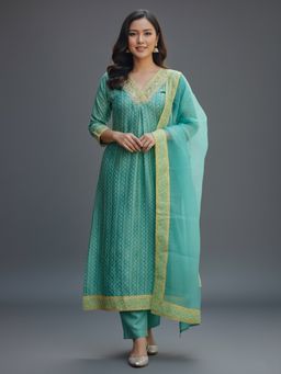 SAKSHI- The Wedding Store - Women's Green V-Neck A-Line Kurta With Pant & Dupatta