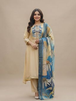 SAKSHI- The Wedding Store - Women's Beige Silk Blend Lace Work Kurta With Pant & Dupatta
