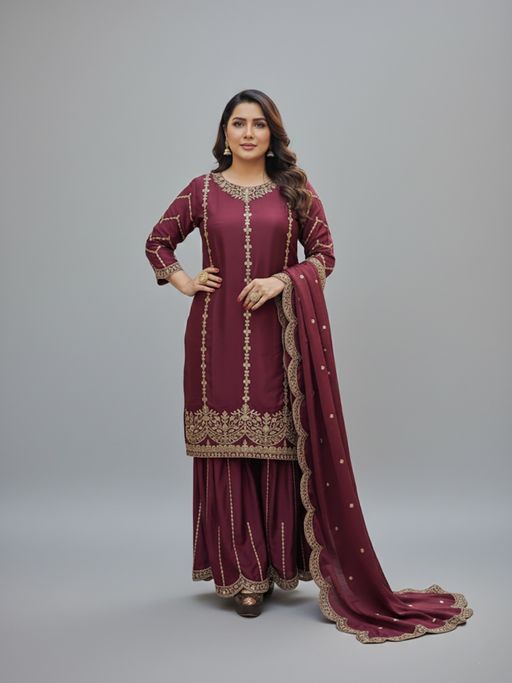 SAKSHI- The Wedding Store Women's Heavy Embroidered Punkabi Kurta And Sharara & Dupatta