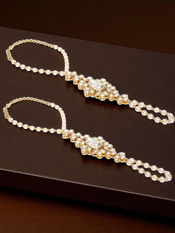 OOMPH - Combo of 2 Gold Ethnic Statement Bracelet with Ring Kundan and Pearls Floral