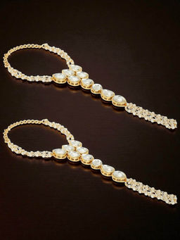 OOMPH - Combo of 2 Gold Ethnic Bracelet with Ring Kundan and Pearls Floral Statement