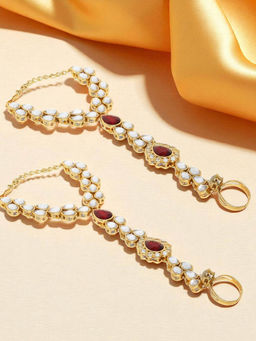 OOMPH - Combo of 2 Ethnic Statement Bracelet with Ring Red Stones and Kundan