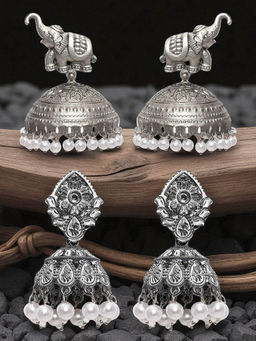 OOMPH - Combo of 2 Oxidised Jhumka Earrings Elephant and Meenakari Floral Design (Pack of 2)