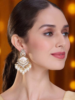 OOMPH - Gold Ethnic Drop Earrings With Kundan and Cluster Pearls
