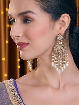 OOMPH - Gold Ethnic Drop Earrings Long Design With Kundan and Cluster Pearls
