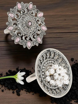 OOMPH - Combo of 2 Oxidised Silver Ring Pink Opal Stones Adjustable (Pack of 2)