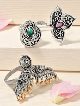 OOMPH - Combo of 2 Oxidised Silver Ring Peacock Design Tribal / Afghan Theme (Pack of 2)