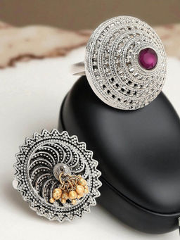 OOMPH - Combo of 2 Oxidised Ring 3D Design and Golden Ghugroo Adjustable (Pack of 2)