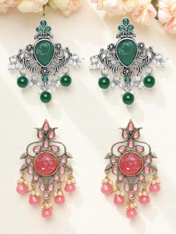 OOMPH - Combo of 2 Ethnic Drop Earrings Oxidised Green and Antique Gold Stones (Pack of 2)