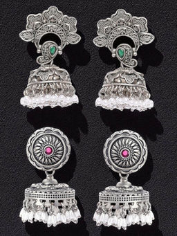 OOMPH - Combo of 2 Oxidised Silver Ethnic Jhumka Earrings Green Stone with Beads (Pack of 2)