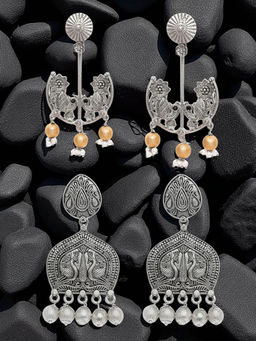 OOMPH - Combo of 2 Oxidised Silver Ethnic Drop Earrings Peacock Design (Pack of 2)
