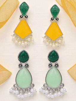 OOMPH - Combo of 2 Ethnic Engraved Jaipur Stones Drop Earrings Yellow and Green Color (Pack of 2)