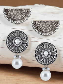OOMPH - Combo of 2 Oxidised Silver Ethnic Stud Earrings Half Moon and Floral Design (Pack of 2)