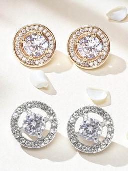 OOMPH - Combo of 2 Gold and White Silver Solitaire Cubic Zirconia Ear Stud Earrings (Pack of 2)