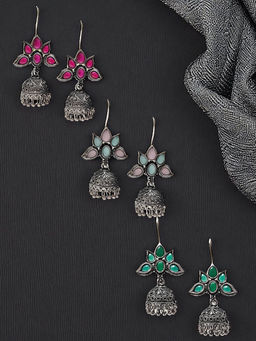 OOMPH - Combo of 3 Oxidised Jhumka and Drop Earrings Maroon, Green and Multi Color Stones (Pack of 3)