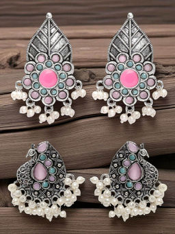 OOMPH - Combo of 2 Oxidised Silver Ethnic Drop Earrings Leaf Floral and Peacock Shape (Pack of 2)