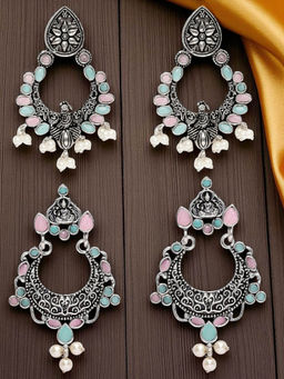 OOMPH - Combo of 2 Oxidised Silver Chandbali Earrings Pink Stones Peacock Shape (Pack of 2)