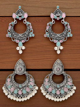 OOMPH - Combo of 2 Oxidised Silver Drop Earrings Pink and Ferozi Blue Stone (Pack of 2)