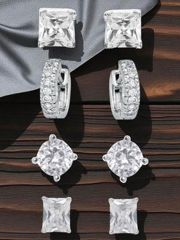 OOMPH - Combo of 4 Silver and White Cubic Zirconia Stud Earrings Round, Square Shape (Pack of 4)