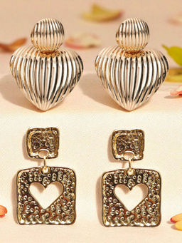 OOMPH - Combo of 2 Gold Heart Shape Drop Earring Bold Gold Look For Women and Girls (Pack of 2)