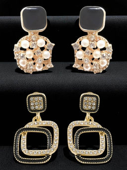 OOMPH - Combo of 2 Black and White Drop Earrings Crystal Square For Women and Girls (Pack of 2)