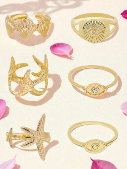 OOMPH - Combo of 6 Gold Tone Ring Set Starfish, Shell and Evil Eye Shape (Pack of 6)