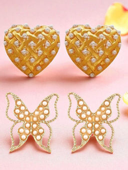 OOMPH - Combo of 2 Gold Large Stud Earrings Butterfly and Heart Shape (Pack of 2)