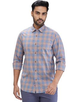 ColorPlus - Slim Fit Casual Shirt Full Sleeves Collar Neck Checks Blue & Orange