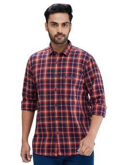 ColorPlus - Tailored Fit Casual Shirt Full Sleeves Collar Neck Checks Red & Navy Blue