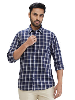 ColorPlus - Regular Fit Casual Shirt Full Sleeves Collar Neck Checks Navy Blue & White