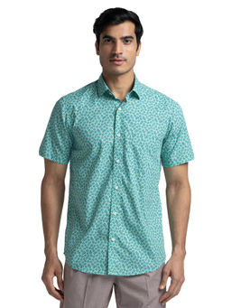 ColorPlus - Tailored Fit Casual Shirt Half Sleeves Collar Neck Printed Teal