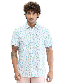 ColorPlus - Tailored Fit Casual Shirt Half Sleeves Collar Neck Printed Green