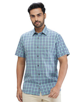 ColorPlus - Regular Fit Casual Shirt Half Sleeves Collar Neck Checks Green & Blue