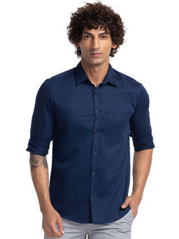 Parx - Slim Fit Casual Shirt Full Sleeves Collar Neck Solid Navy Blue